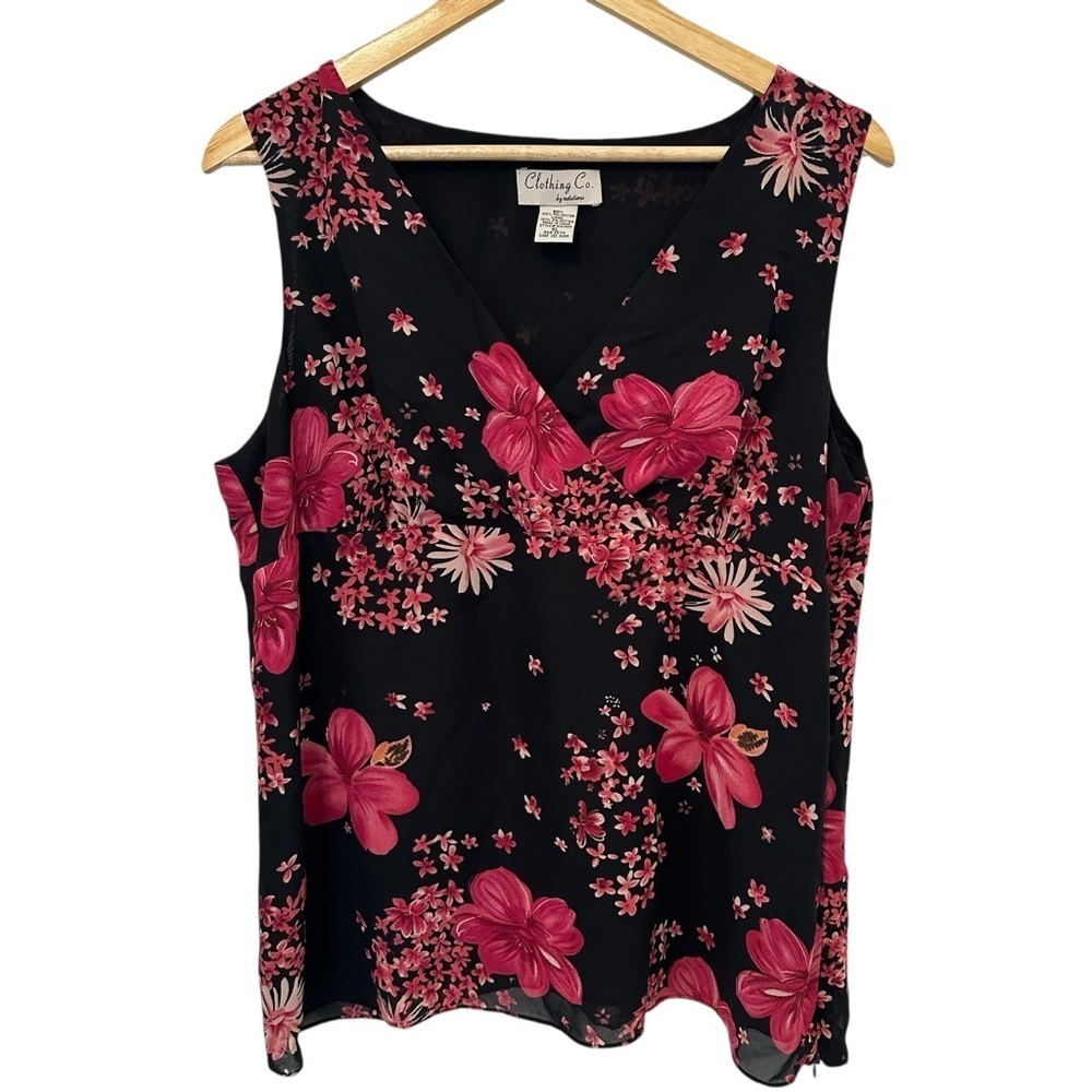 Women's XL Black Pink Floral Whimsy Goth Fantasy Fairy Sleeveless Casual Blouse - Picture 2 of 5